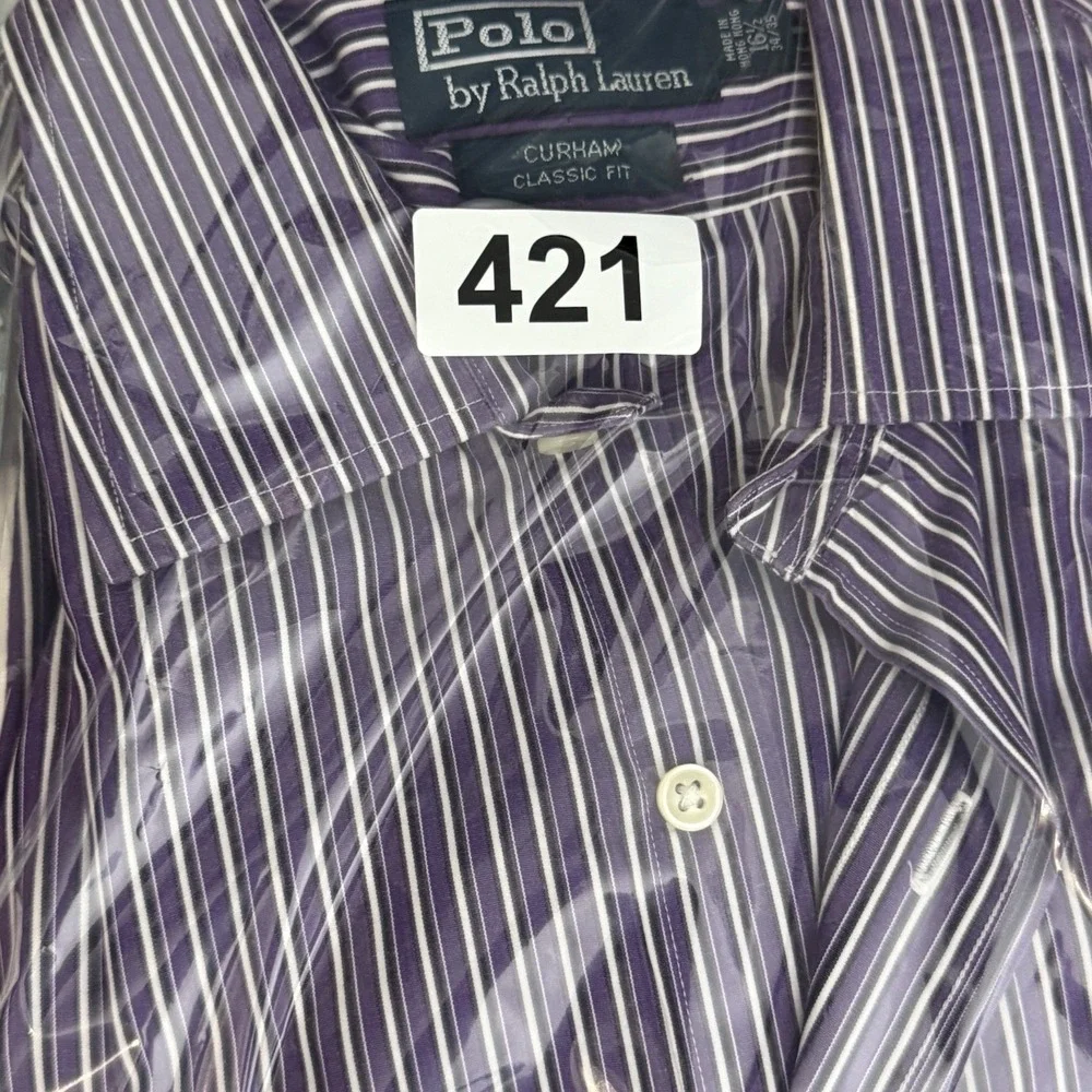 Polo Ralph Lauren Shirt Men 16.5  34/35 Curham Classic Fit Purple Stripe Dress